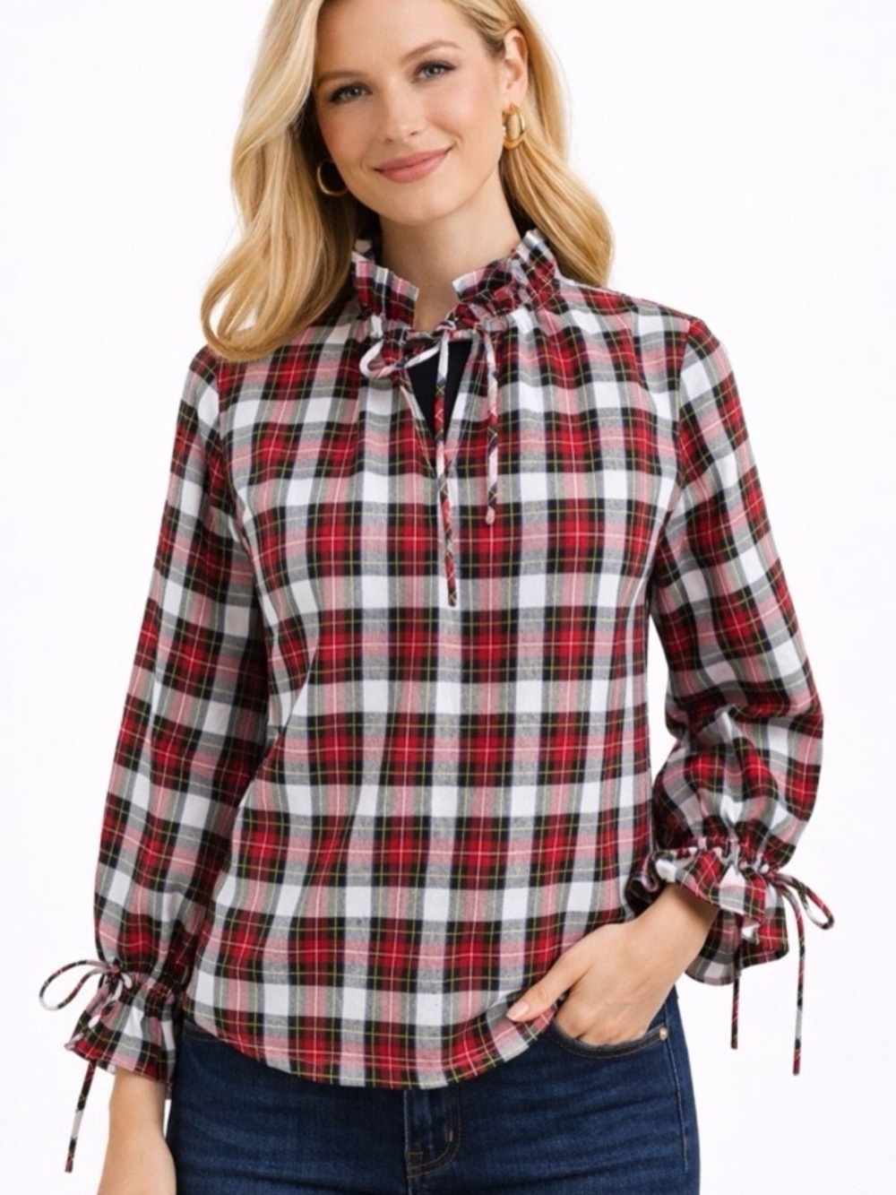 Victoria Dunn Red, White Black Plaid Ruffle Tie-Neck & Sleeve Blouse Holiday XS
